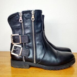 Charles David Black Leather Combat Moto Buckle Boot Biker Italy Womens SZ 6.5